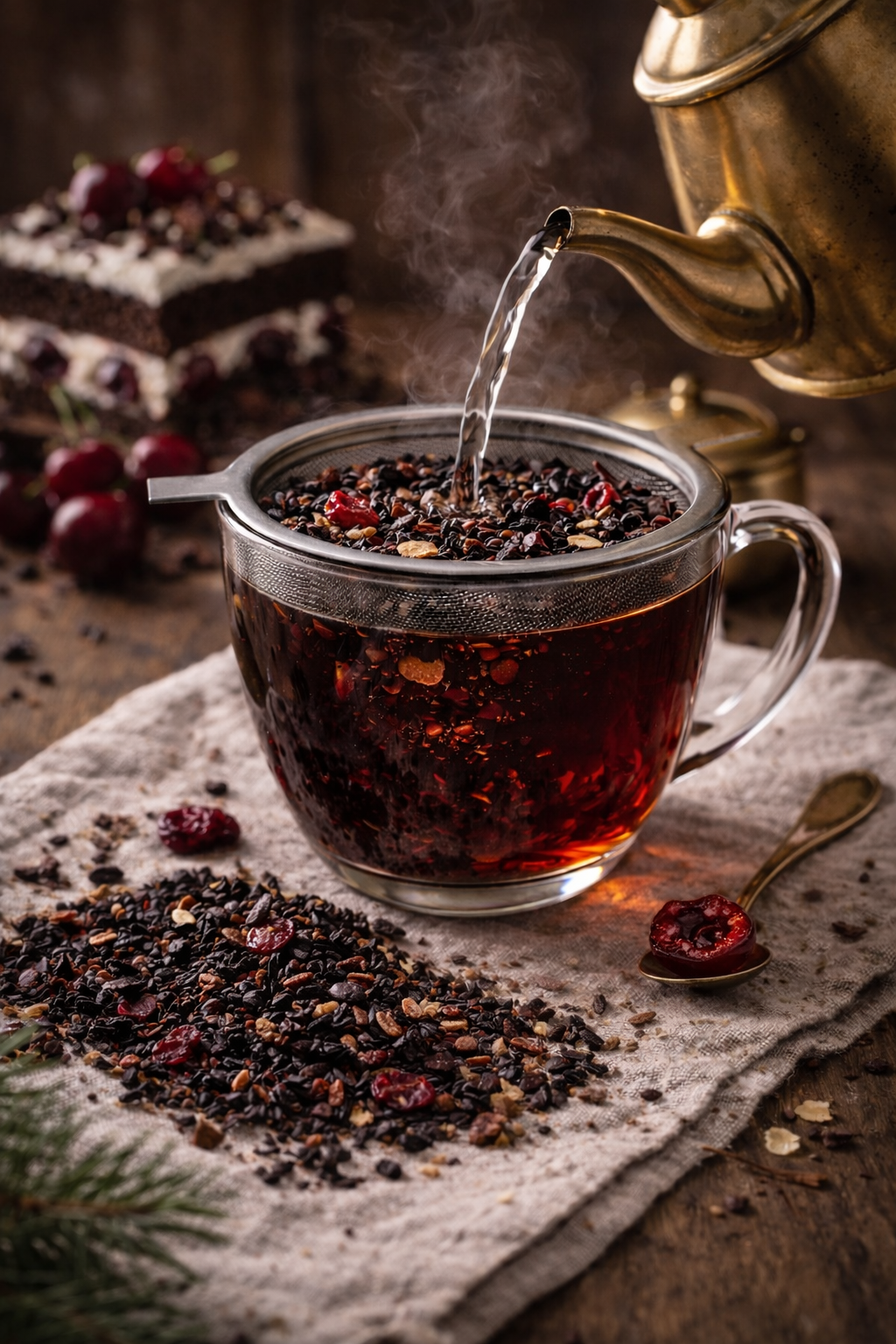 Hot water being poured into a strainer in a glass tea cup with black tea in foreground with cocoa nibs, sour cherries and vanilla and black forest cherry cake in the background