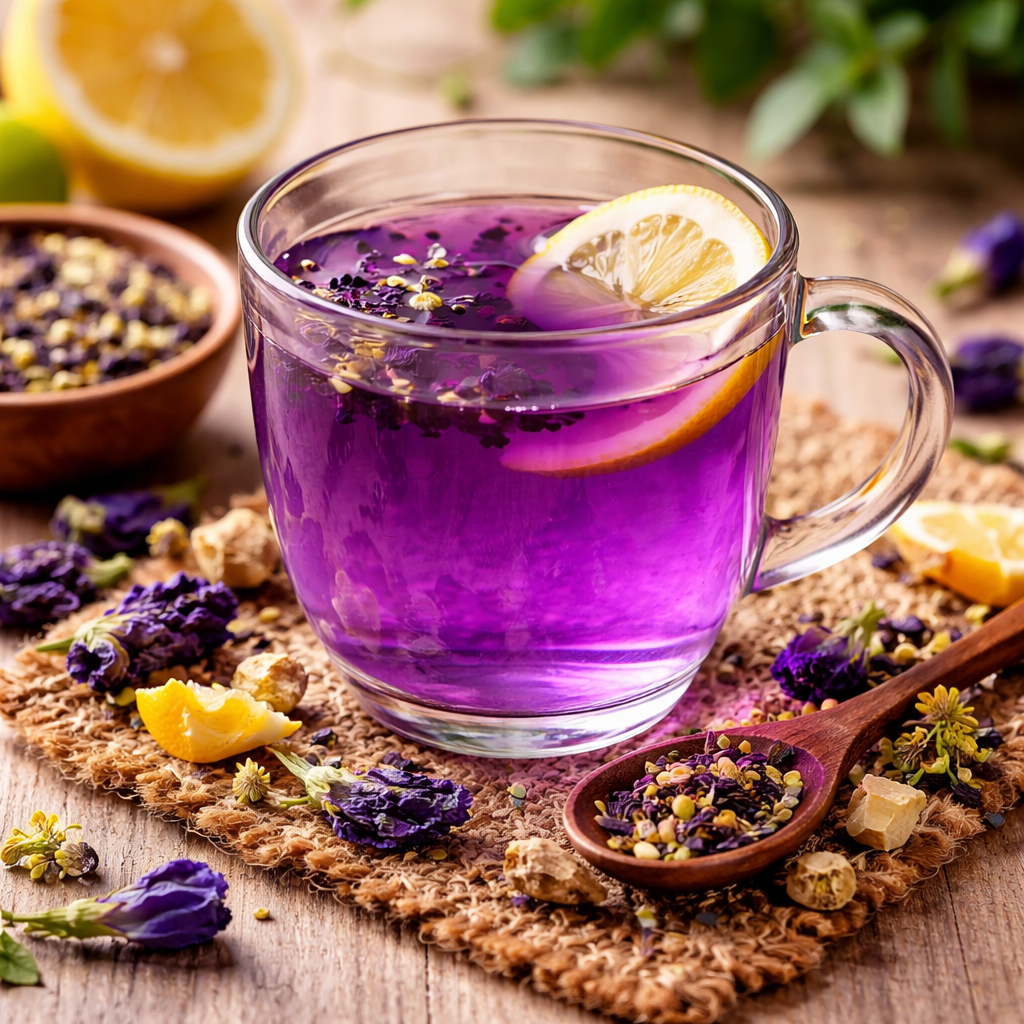 Glass mug filled with purple tea garnished with lemon slices on a wooden surface with flowers and herbs.
