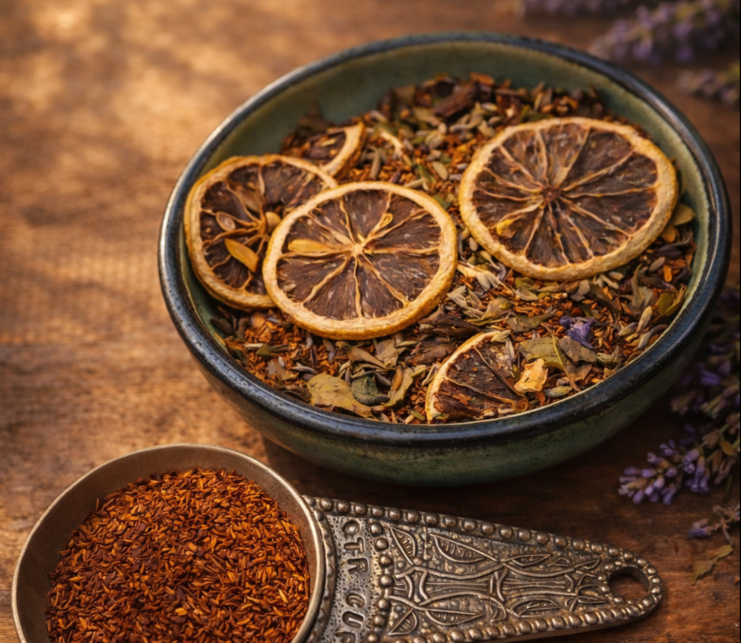 Lavender Lemonade Herbal tea blend with dried Lemon slices and lavender in a bowl on a wooden surface.