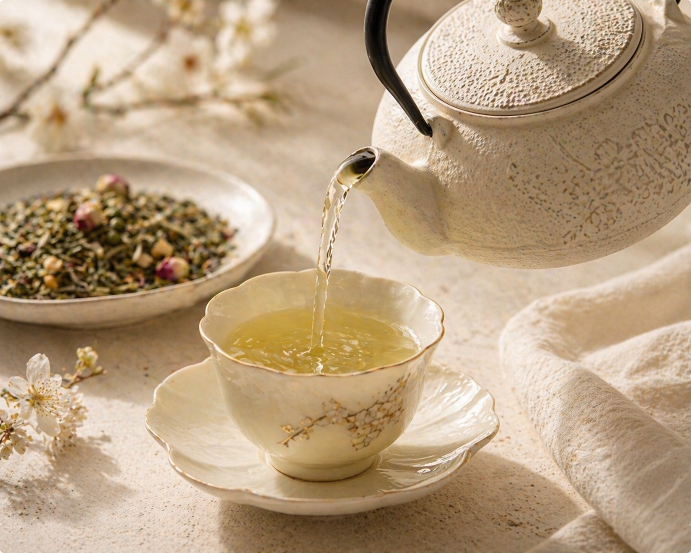 White tea being poured from a tetsubin cast iron teapot into a white cup in a saucer on linen with white flowers and bowl of tea in the background