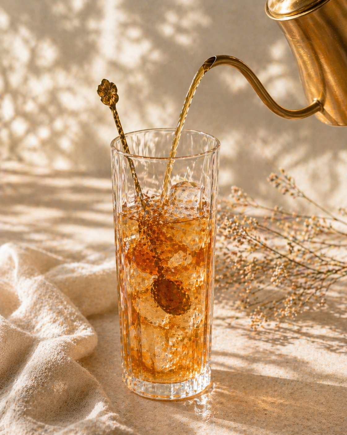 Tea being poured from a gold teapot into a glass with ice cubes on a wooden surface.