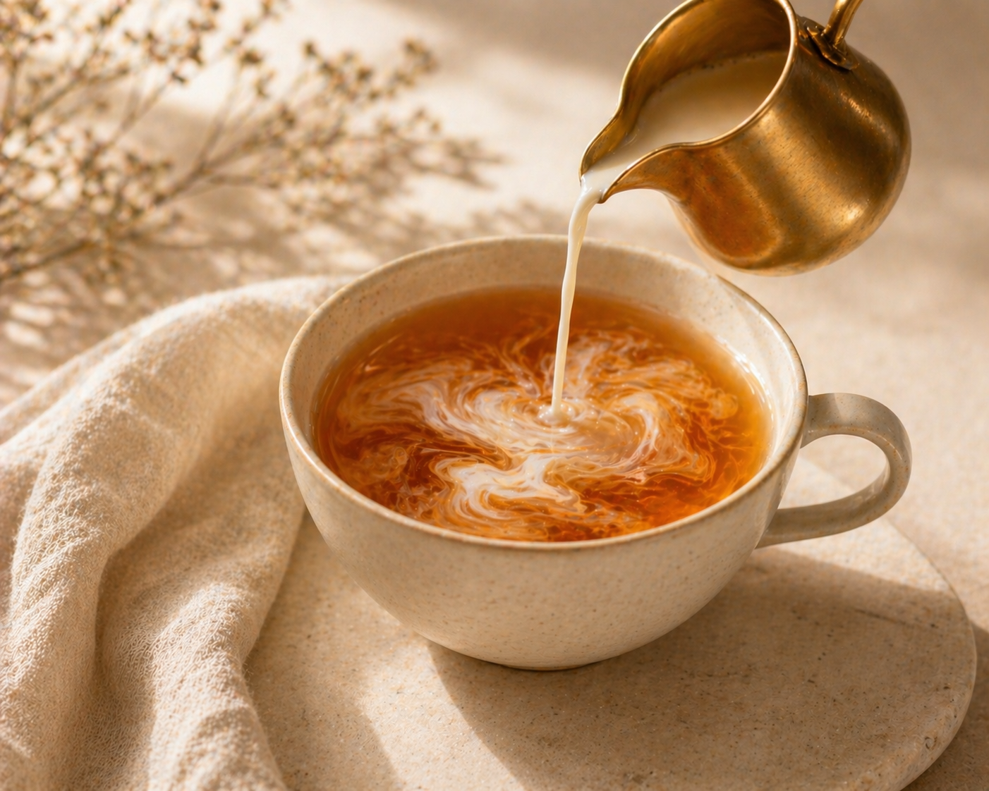 Gold pitcher pouring milk into a cup of coffee on a beige surface with a light cloth.