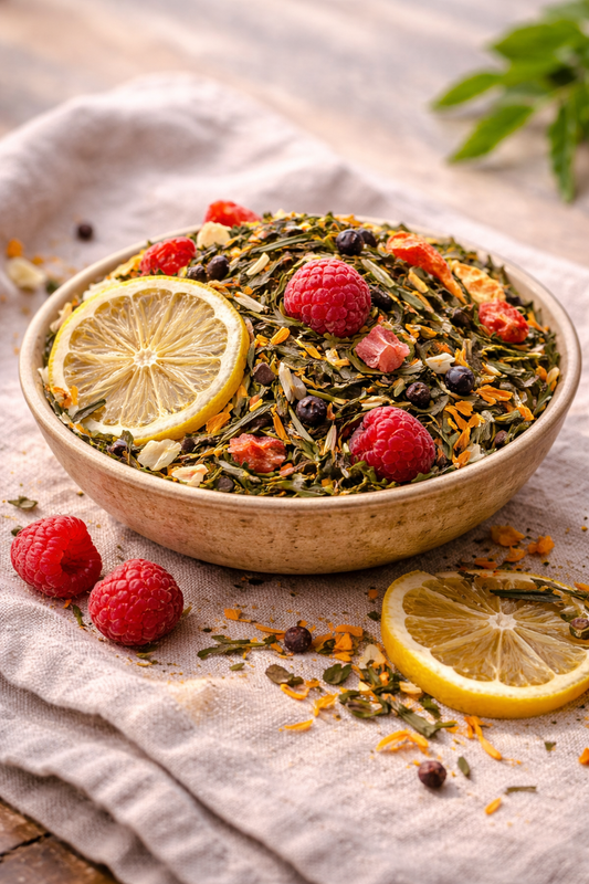 Bowl of green Sencha tea with lemon slices and raspberries on a textured surface