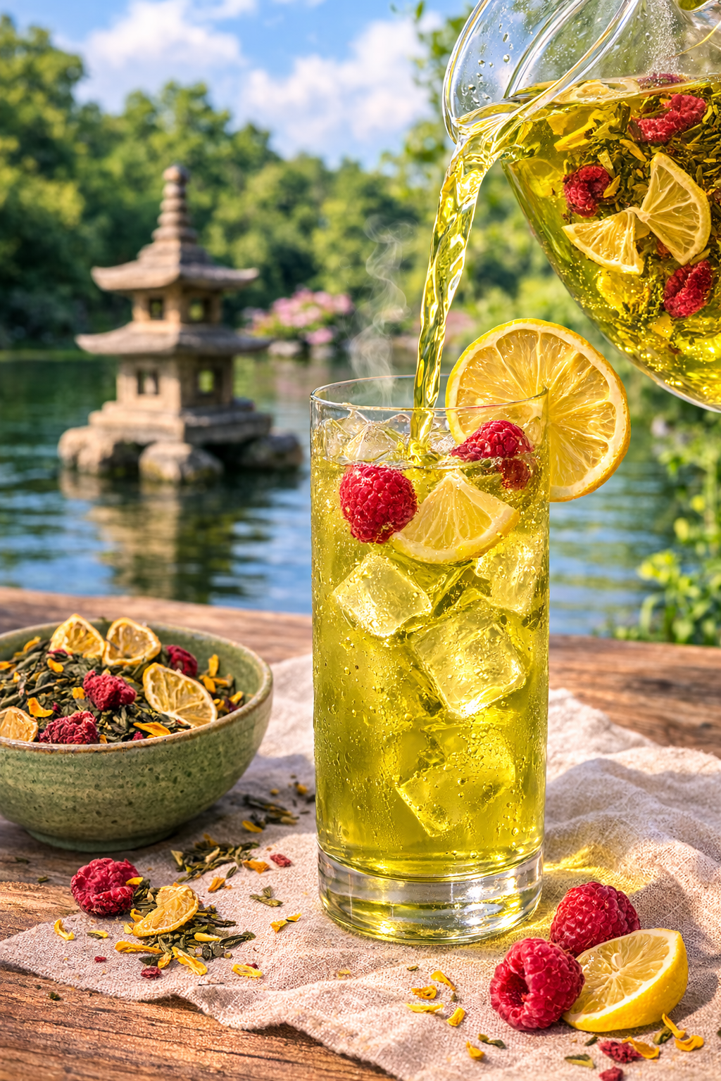 Green tea with lemon and raspberries being poured into a glass by a lake with a pagoda.