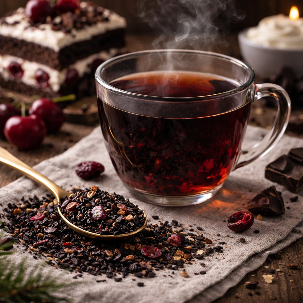 Black tea with Cocoa nibs, sour cherries, vanilla bean and cup with hot tea and Black Forest cherry cake in the background