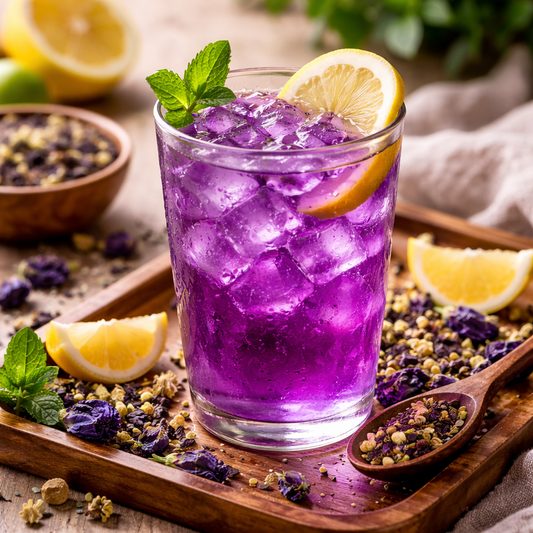 Herbal Purple Tea iced drink with lemon slices and mint leaves on a wooden tray with dried herbs.