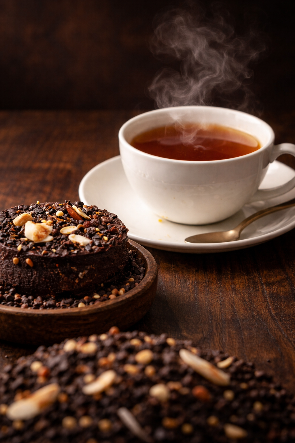 Steaming cup of tea on a saucer with a dark chocolate dessert on a wooden table.