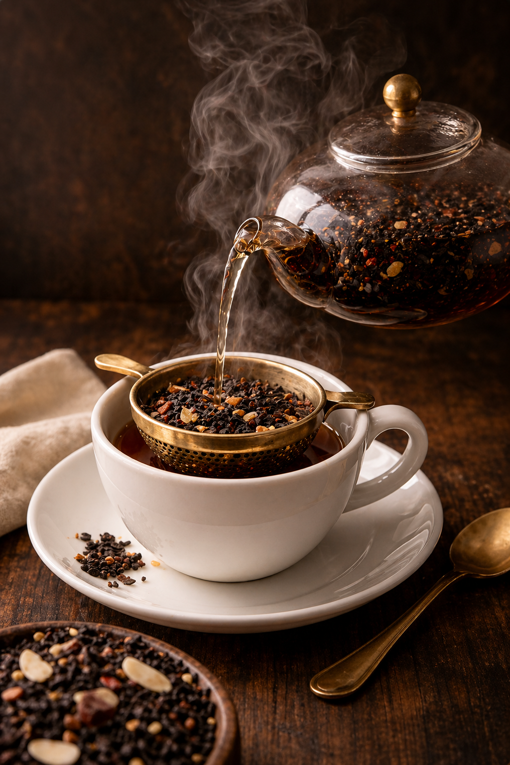 Tea being poured from a teapot into a white cup with a strainer, surrounded by tea leaves on a wooden surface.