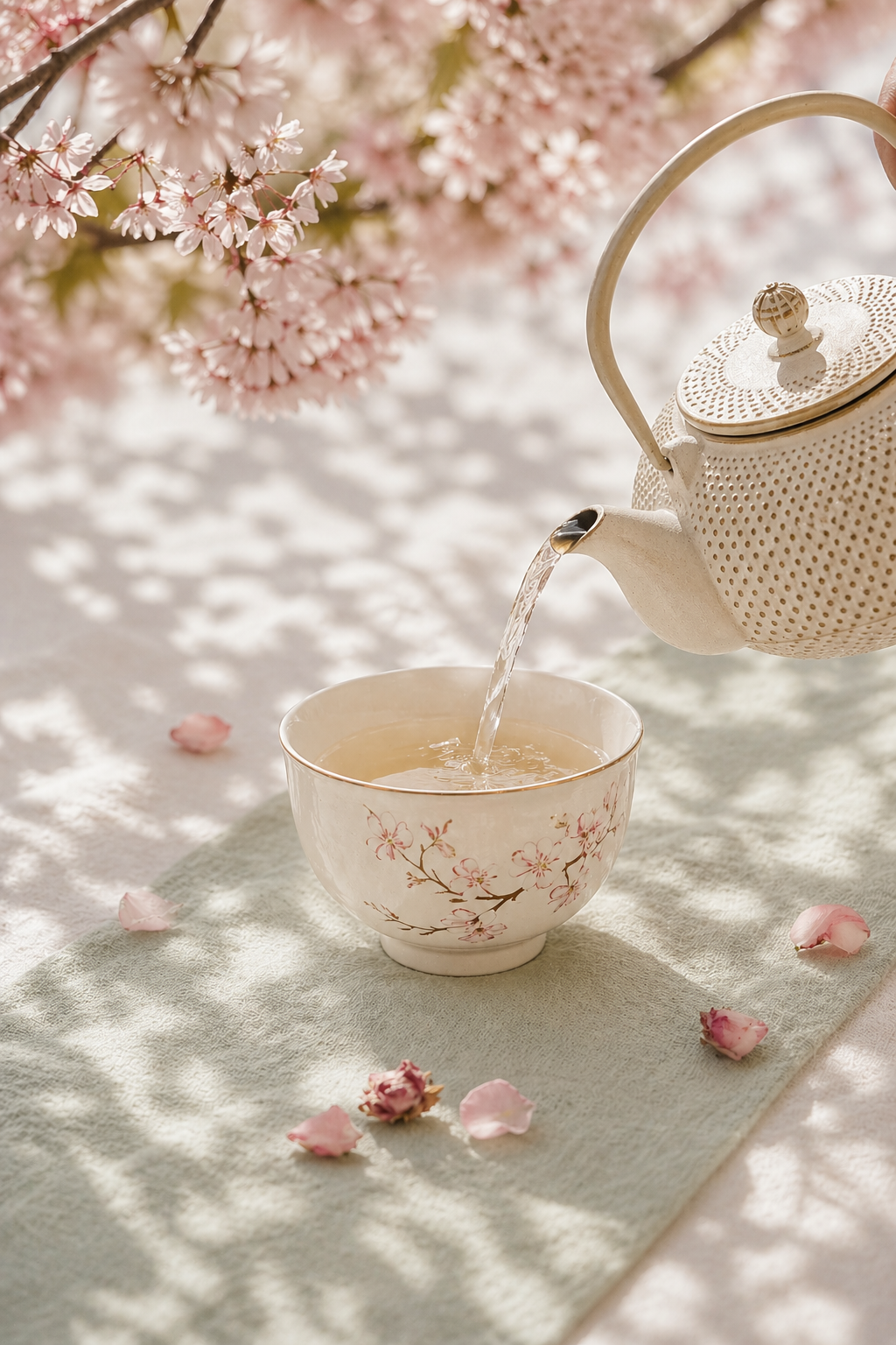 TeaFusions Empress Cherry White Tea being poured into a floral teacup with cherry blossoms in the background