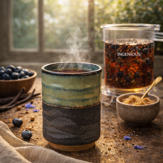 Steaming mug of  blueberry Rooibos tea on a wooden table with a bowl of  blueberries and a tea strainer container labeled 'INGENIOUS'.