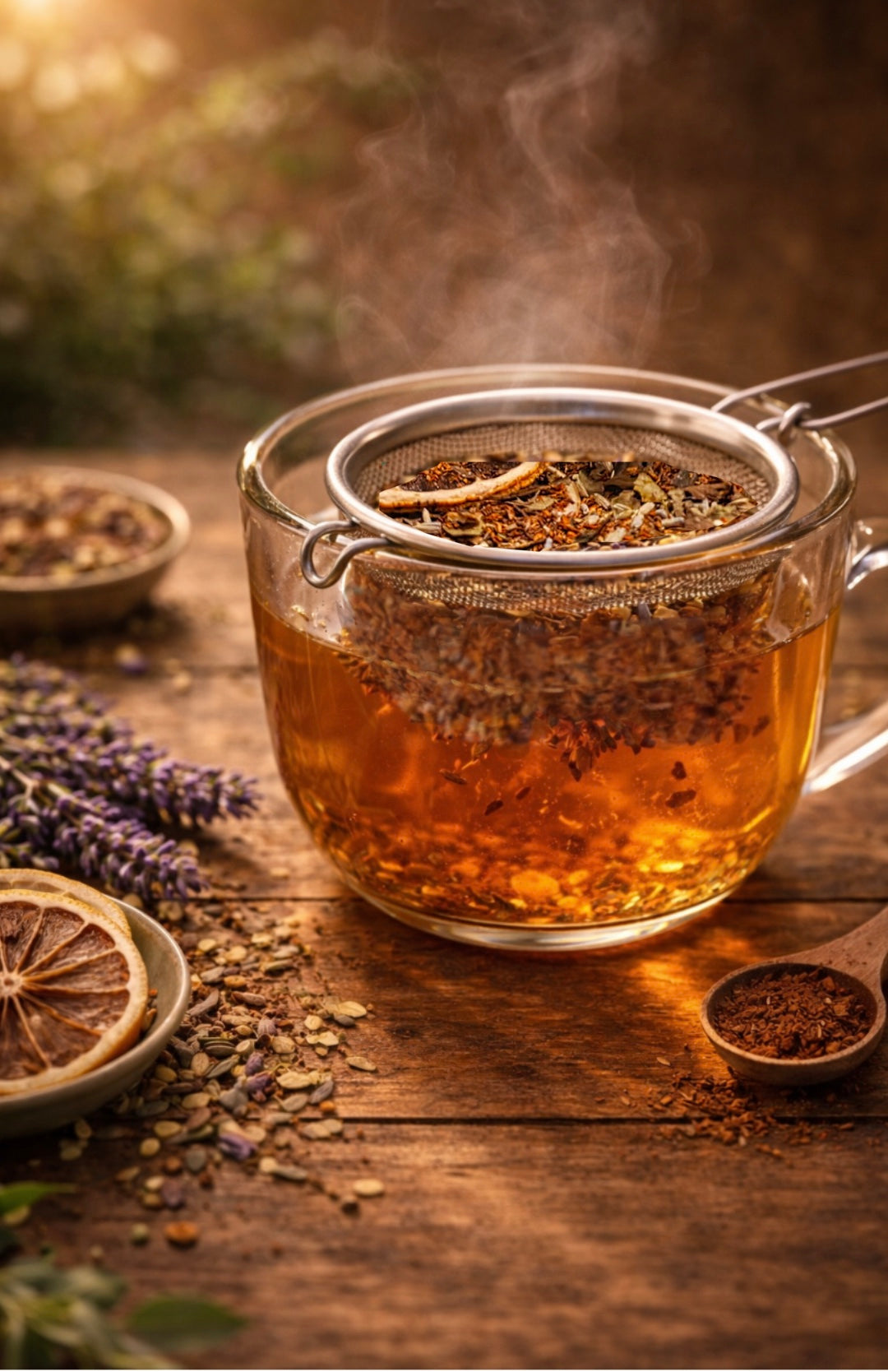 Steaming glass of herbal tea with lavender and lemon peel on a wooden surface