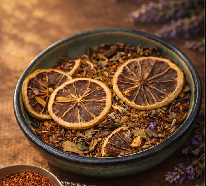Bowl of dried herbs and citrus slices on a wooden surface with lavender flowers.