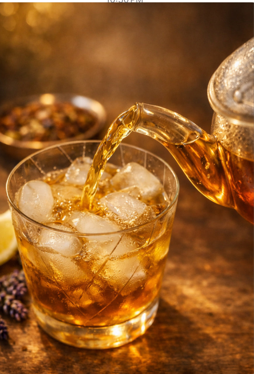 Tea being poured into a crystal glass with ice on a wooden surface