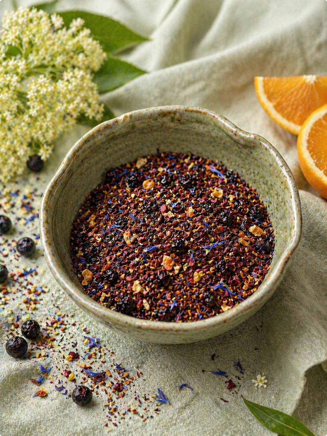 Herbal Rooibos tea in a ceramic bowl with oranges and flowers on a light fabric background