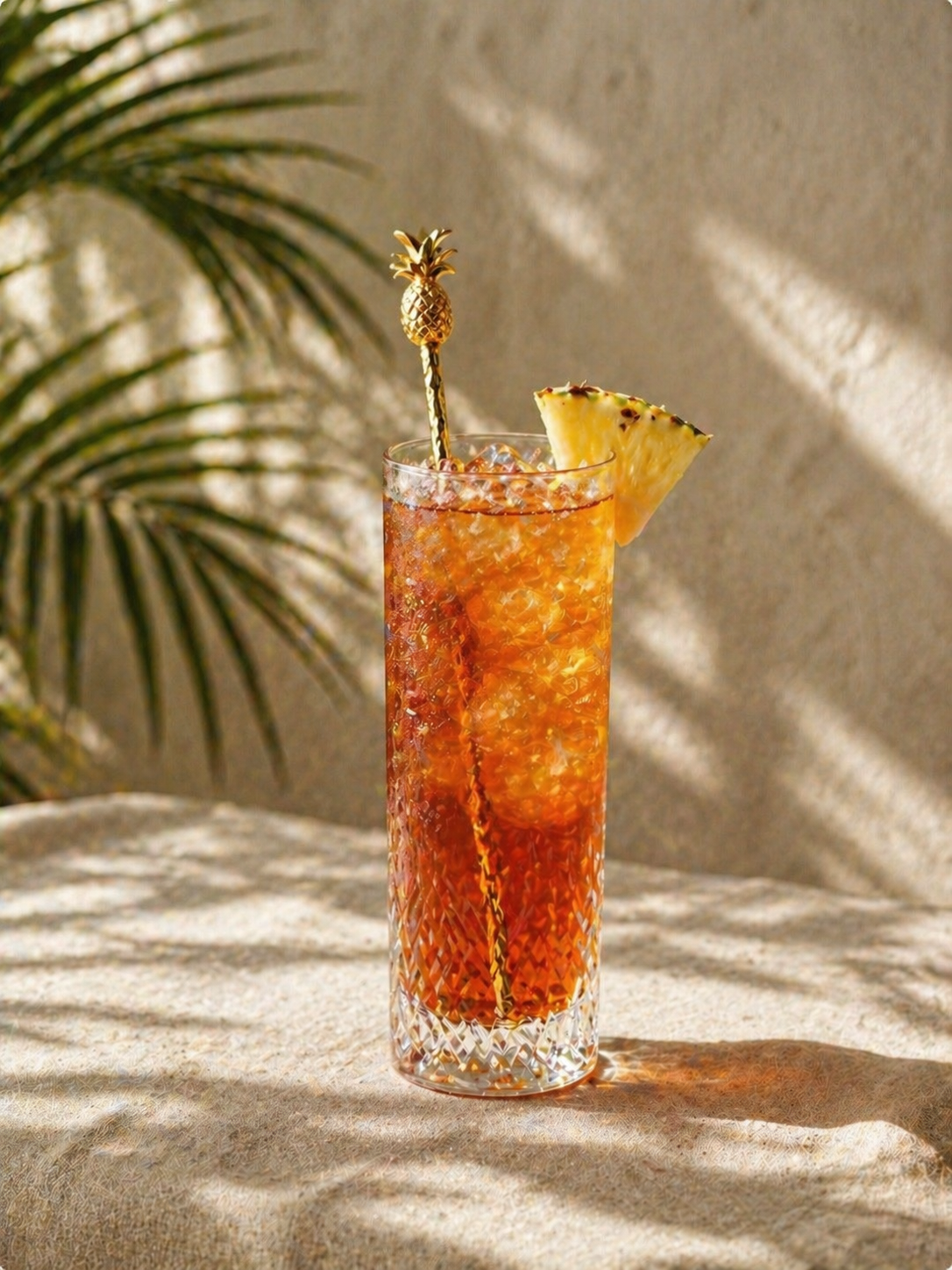 TeaFusions Midnight oasis iced tea with pineapple garnish on a sandy surface with palm leaves in the background
