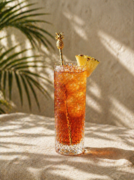 TeaFusions Midnight oasis iced tea with pineapple garnish on a sandy surface with palm leaves in the background