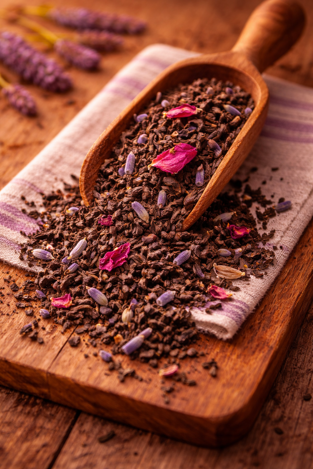 Wooden scoop filled with Parisian Fields™ Lavender Earl Grey Blend black tea with dried lavender flowers and rose petals on a wooden board.
