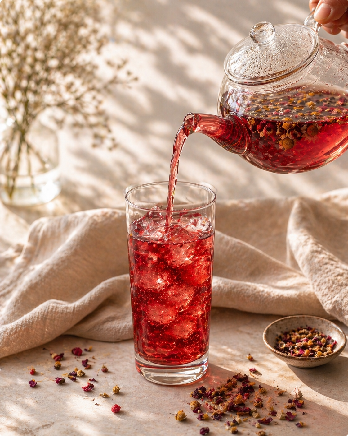 TeaFusions Raspberry Tranquili-Tea being poured from a glass teapot into a glass with ice, with a soft background.