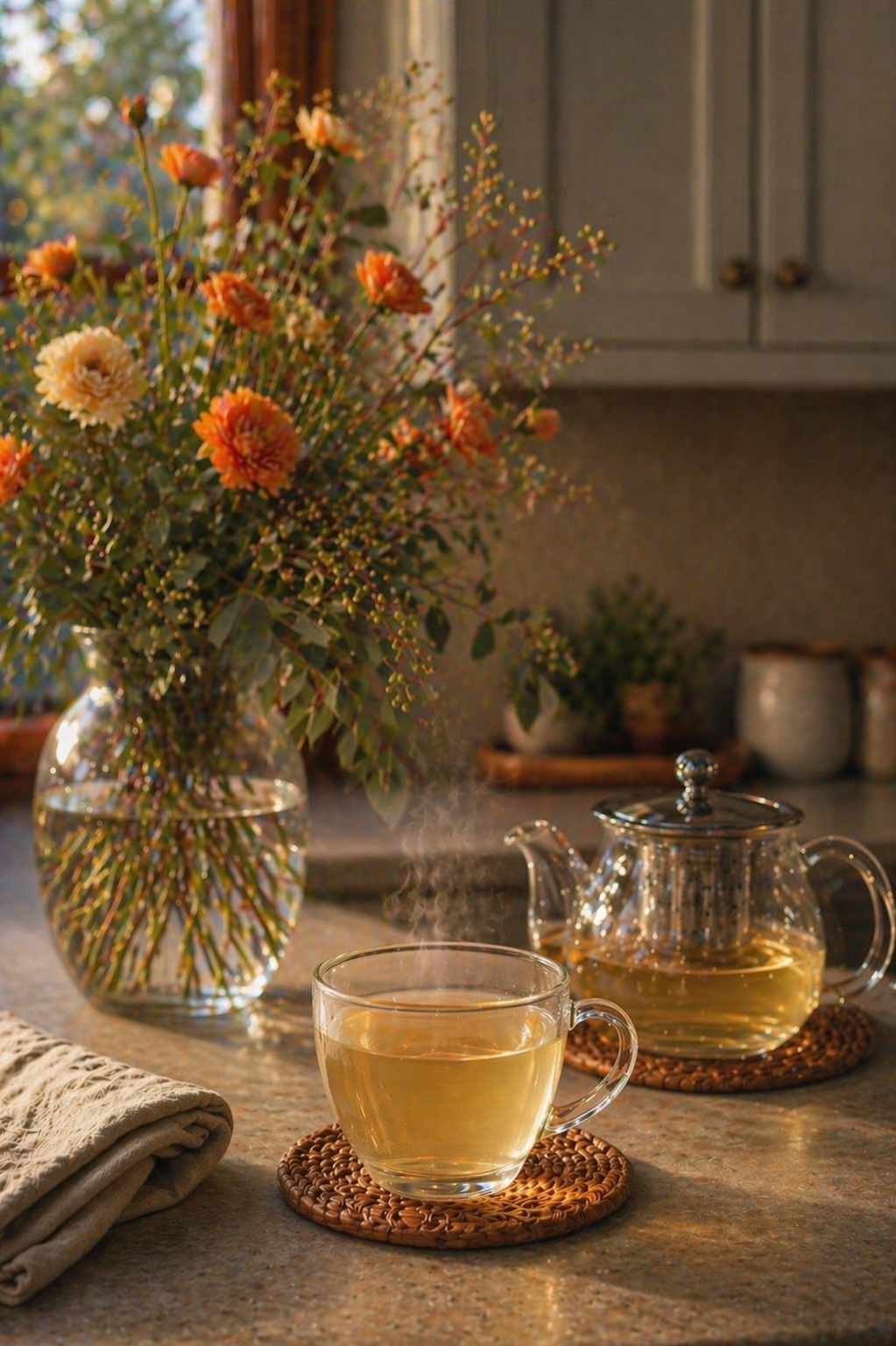 Steaming cup of tea on a coaster with a glass teapot and autumn flowers in the background.