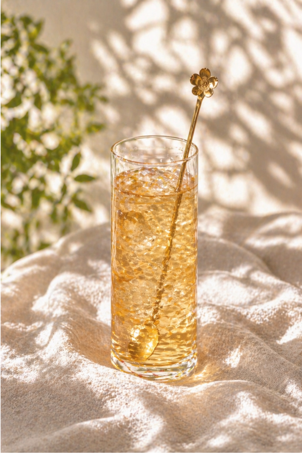 Glass of iced tea with a gold straw on a textured surface with plants in the background