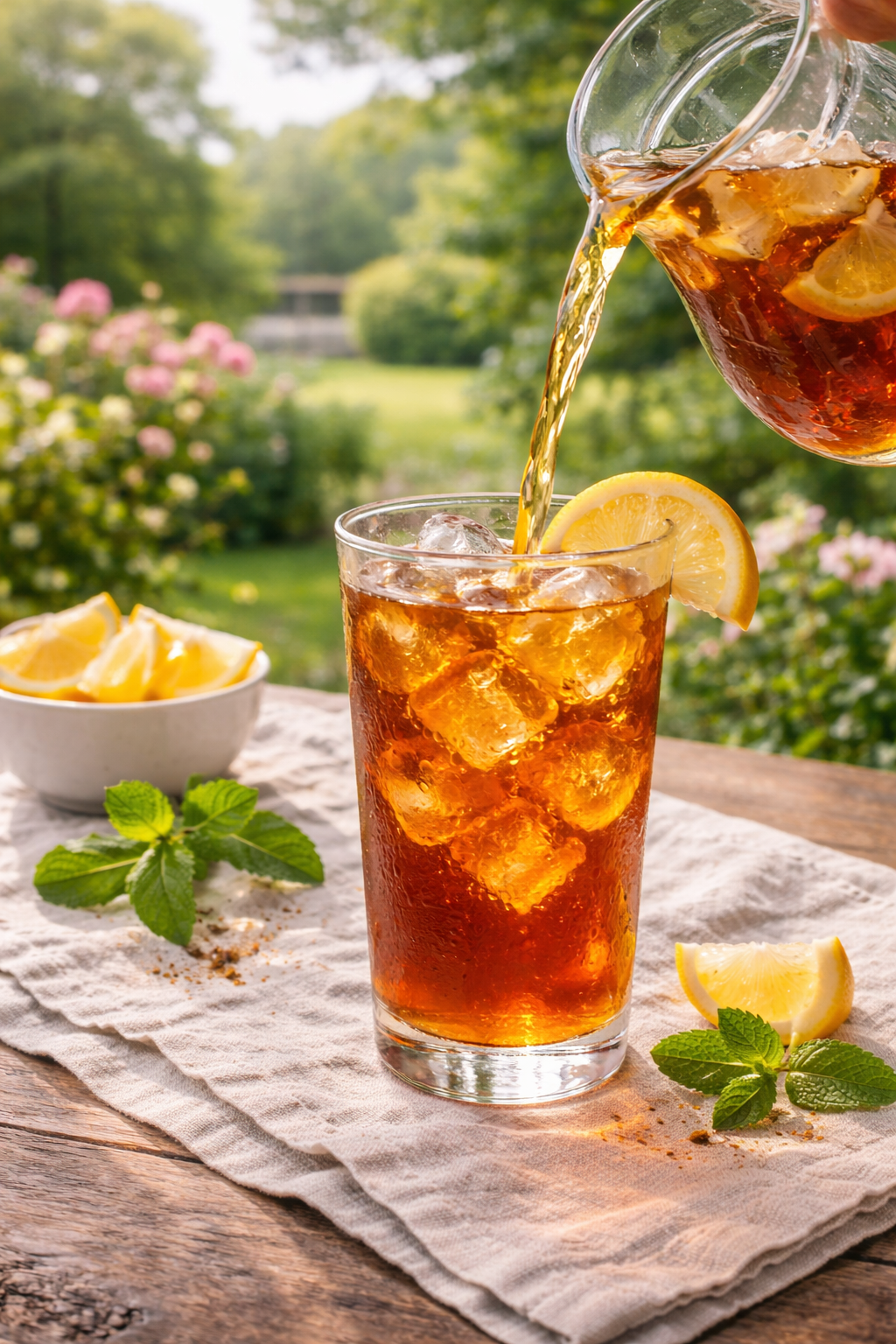TeaFusions English Breakfast Iced tea being poured into a glass with lemon slices and mint leaves on a wooden table outdoors.