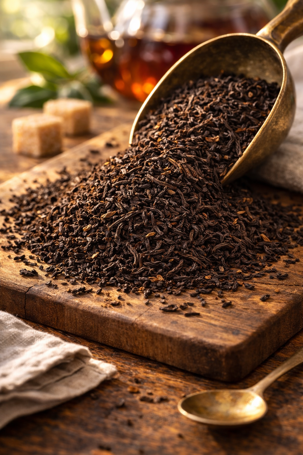 Scoop of TeaFusions English Breakfast Blend black tea leaves on a wooden board with a blurred background