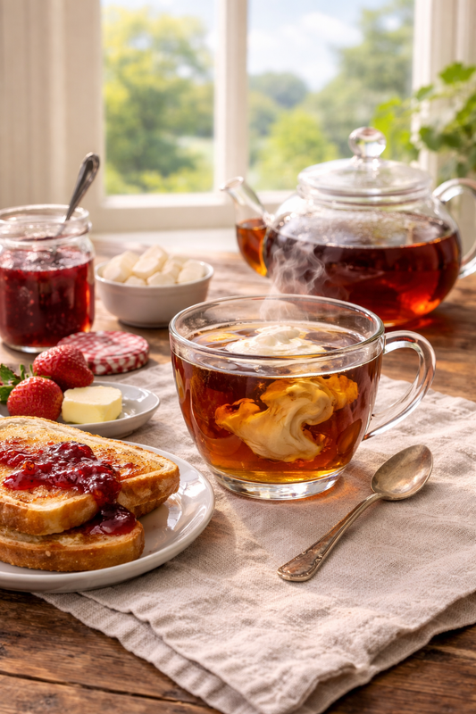 Tea set with a cup of TeaFusions English breakfast tea, bread with jam, and a teapot on a wooden table.