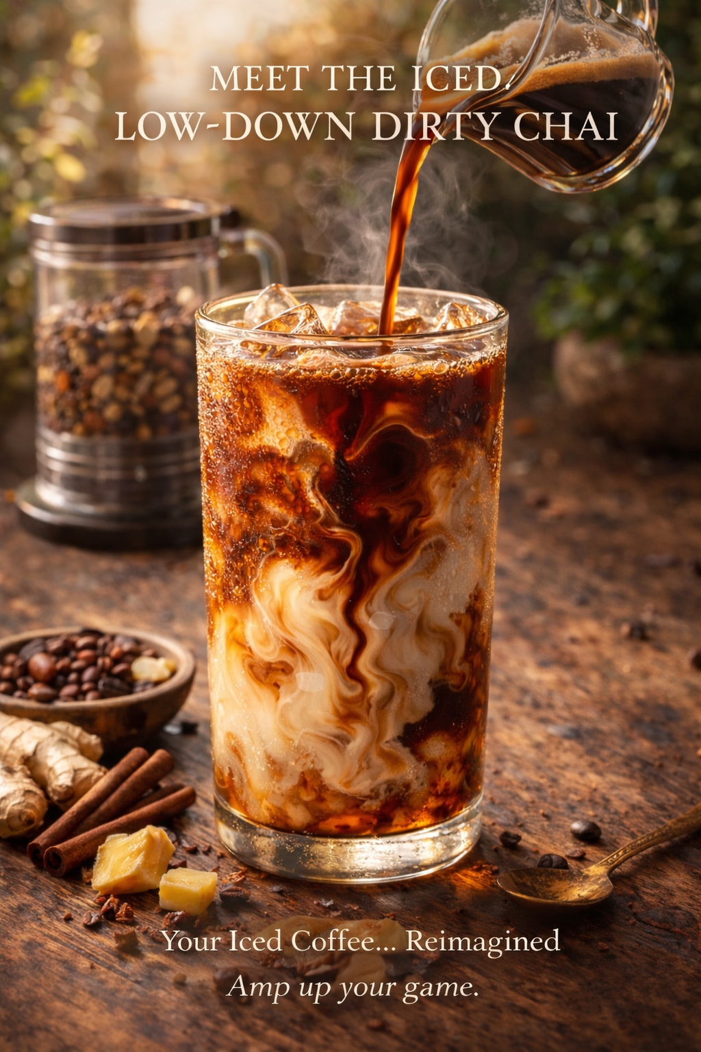 Glass of iced Low down dirty chai tea with spices and a spoon on a rustic surface, featuring text about the drink.