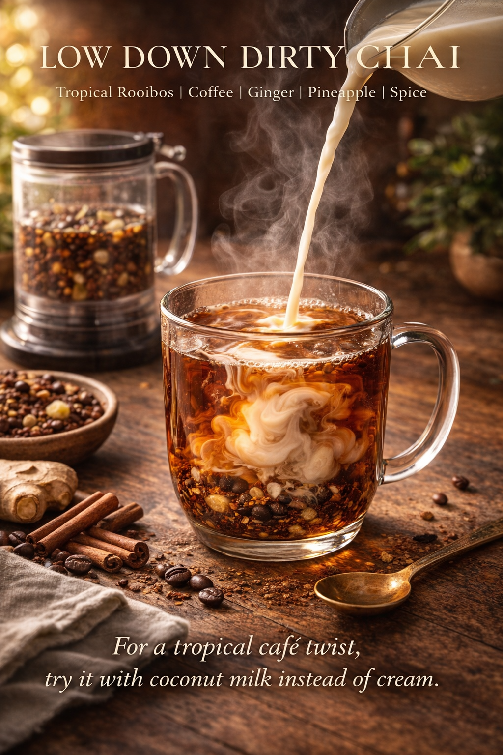 Hot dirty chai Tea being poured into a glass mug with spices and ingredients on a wooden surface.