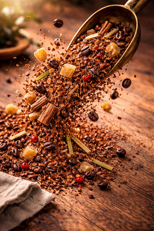 TeaFusions Lowdown dirty chai rooibos tea and Spices including cinnamon sticks, star anise, and cardamom pods and lemon grass on a wooden surface with a scoop.