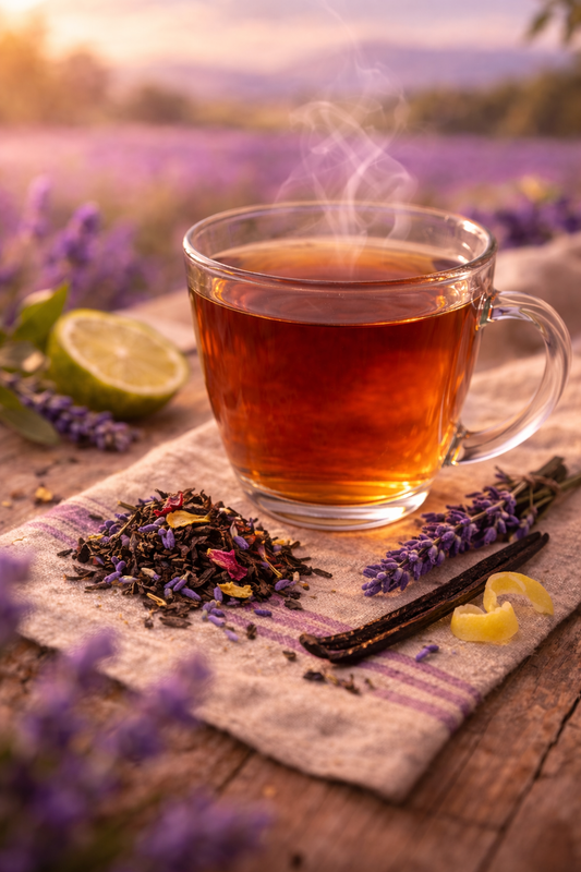 Steaming cup of Parisian Fields Lavender Earl Grey tea on a wooden table with lavender and lime in the background