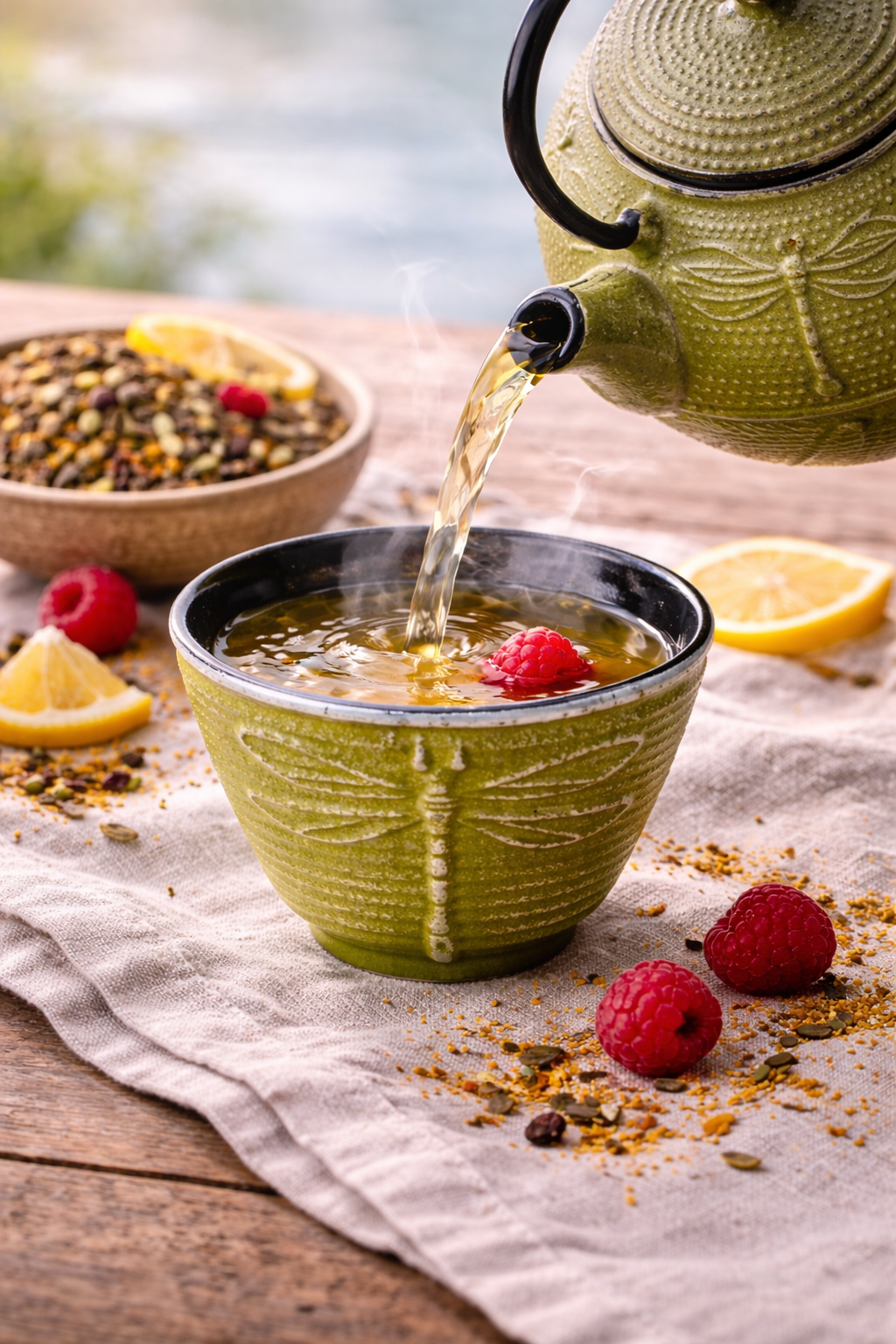 Berry limoncello Green tea  poured from green tetsubin teapot into a matching green teacup with raspberries and lemon on a wooden surface.