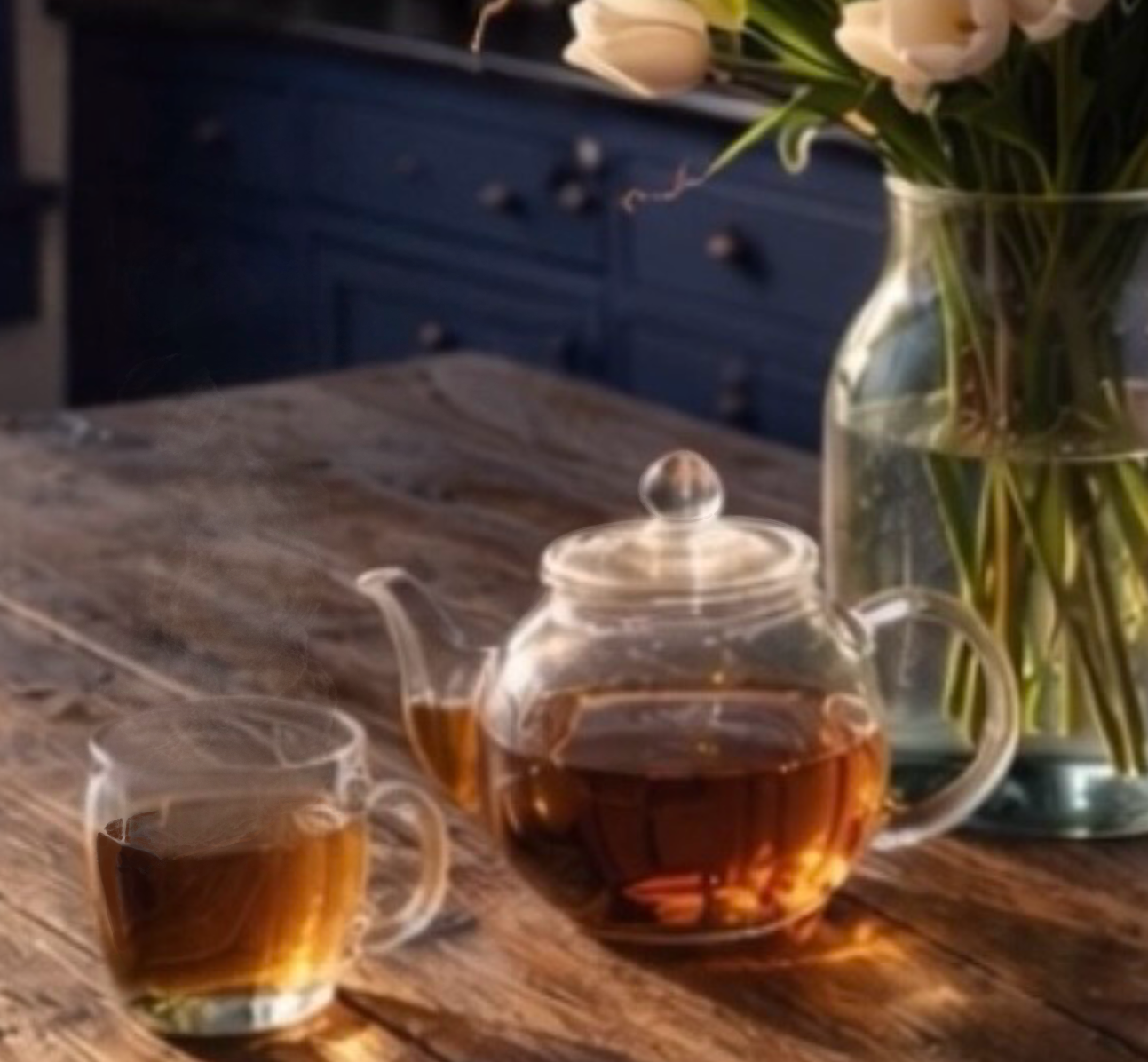 TeaFusions dragon breeze hot tea in glass mug  set on table with glass teapot