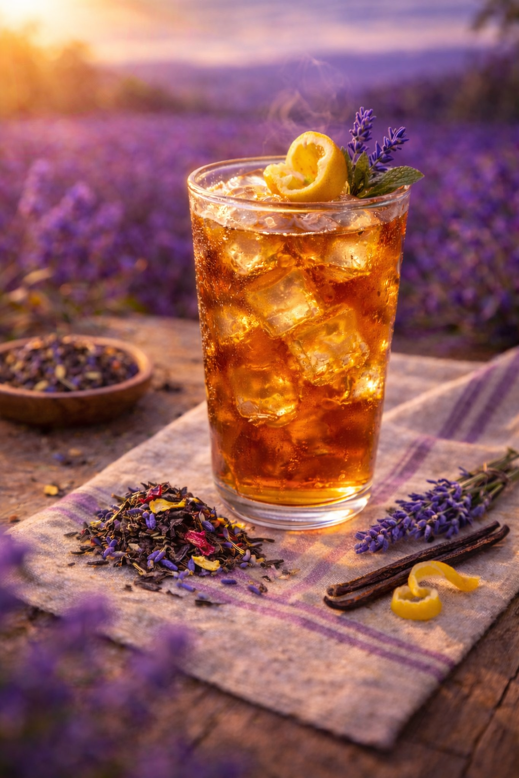 Glass of Parisian Fields™ Lavender Earl Grey Blend iced tea with lemon and lavender on a wooden table with lavender flowers in the background.
