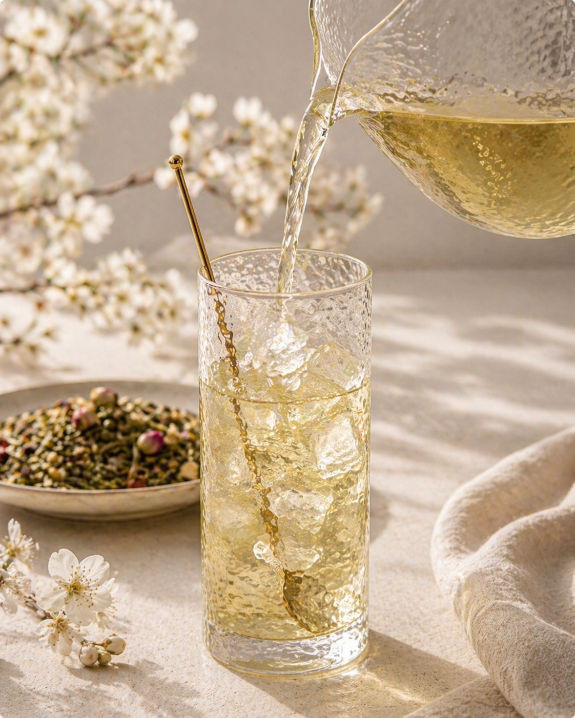 Glass of iced tea being poured with a background of white flowers and a bowl of tea leaves.