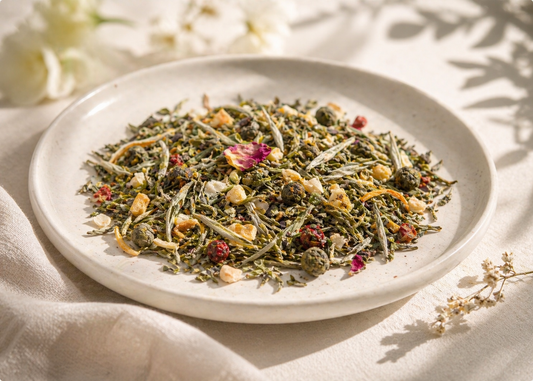 White tea mixed with tropical fruit strawberry bits coconut & cherries with rose petals on a white plate on white linen with white dried flowers in the background