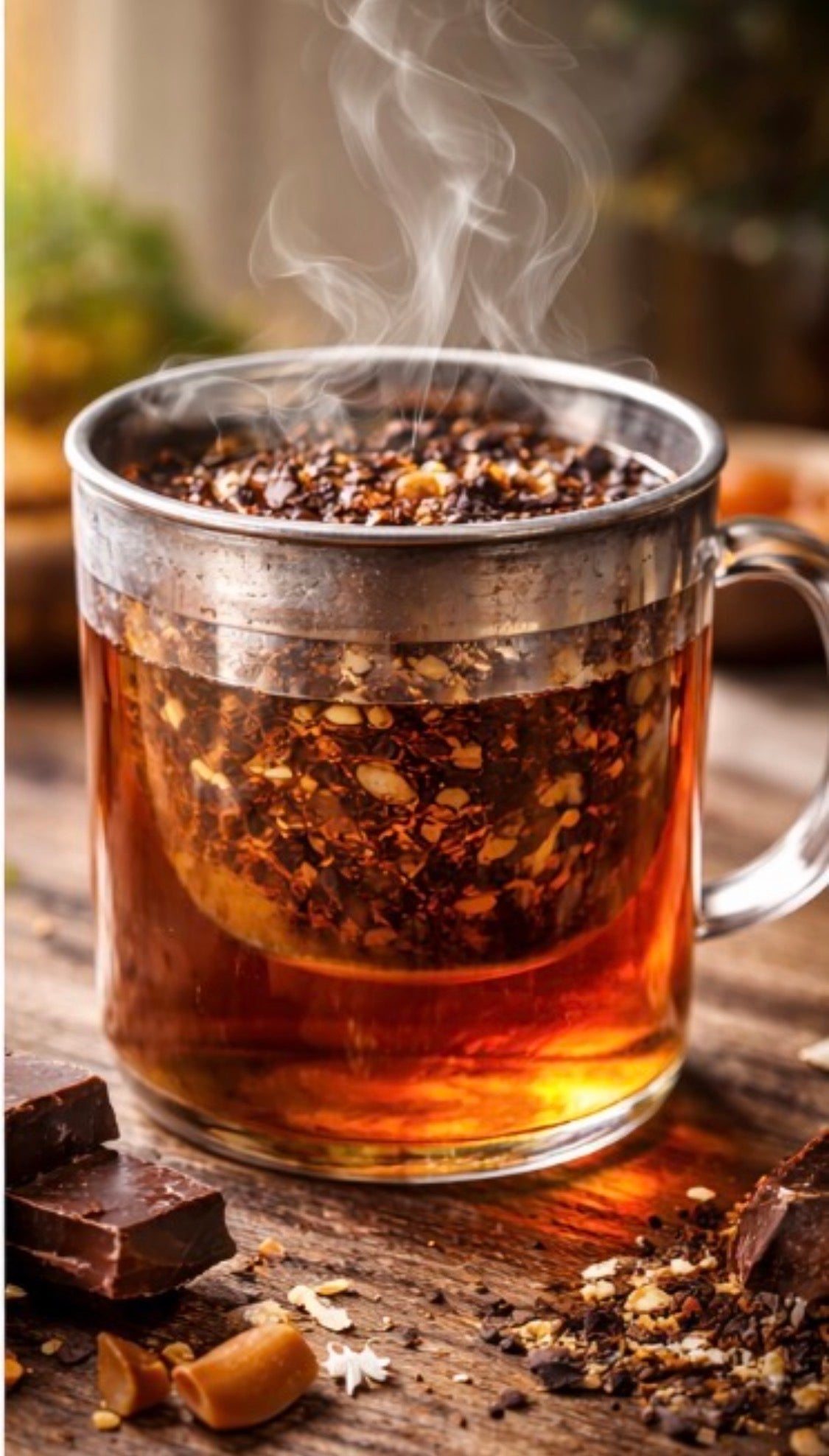 Steaming hot tea in a glass mug with a metal filter on a wooden surface.