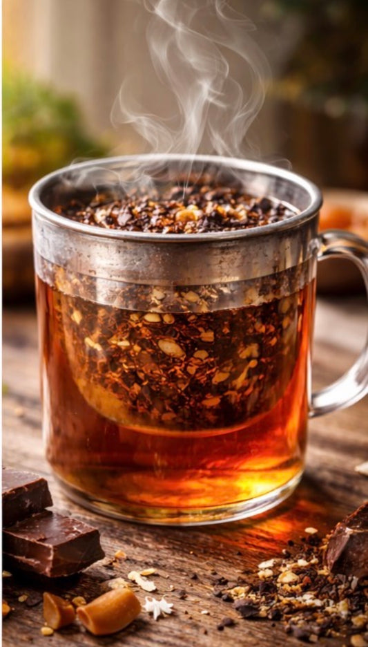 Steaming hot tea in a glass mug with a metal filter on a wooden surface.