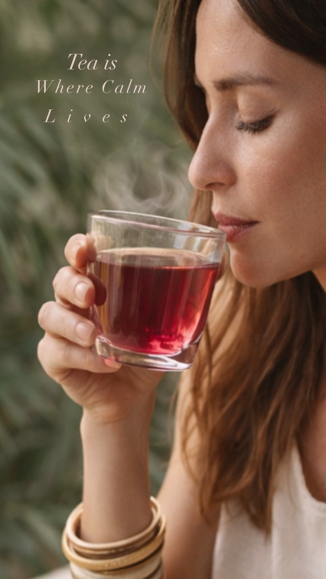 Woman drinking a steaming cup of tea with a blurred green background and text 'Tea is Where Calm Lives'.