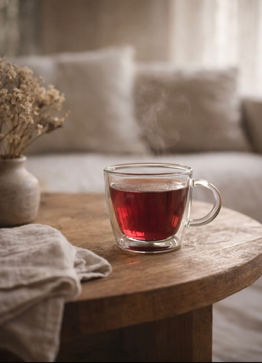 Clear mug with hot tea on a wooden table in a cozy living room setting.
