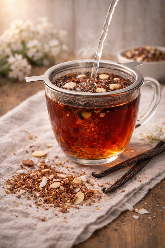 Hot water being poured into Tea steeping in a glass mug on a wooden surface with a linen napkin & vanilla bean