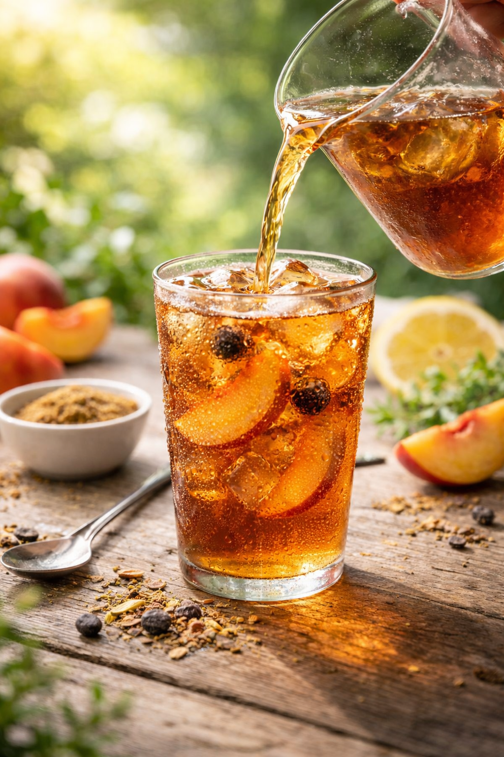 Peach rooibos iced tea being poured into a glass with peaches and herbs on a wooden table.