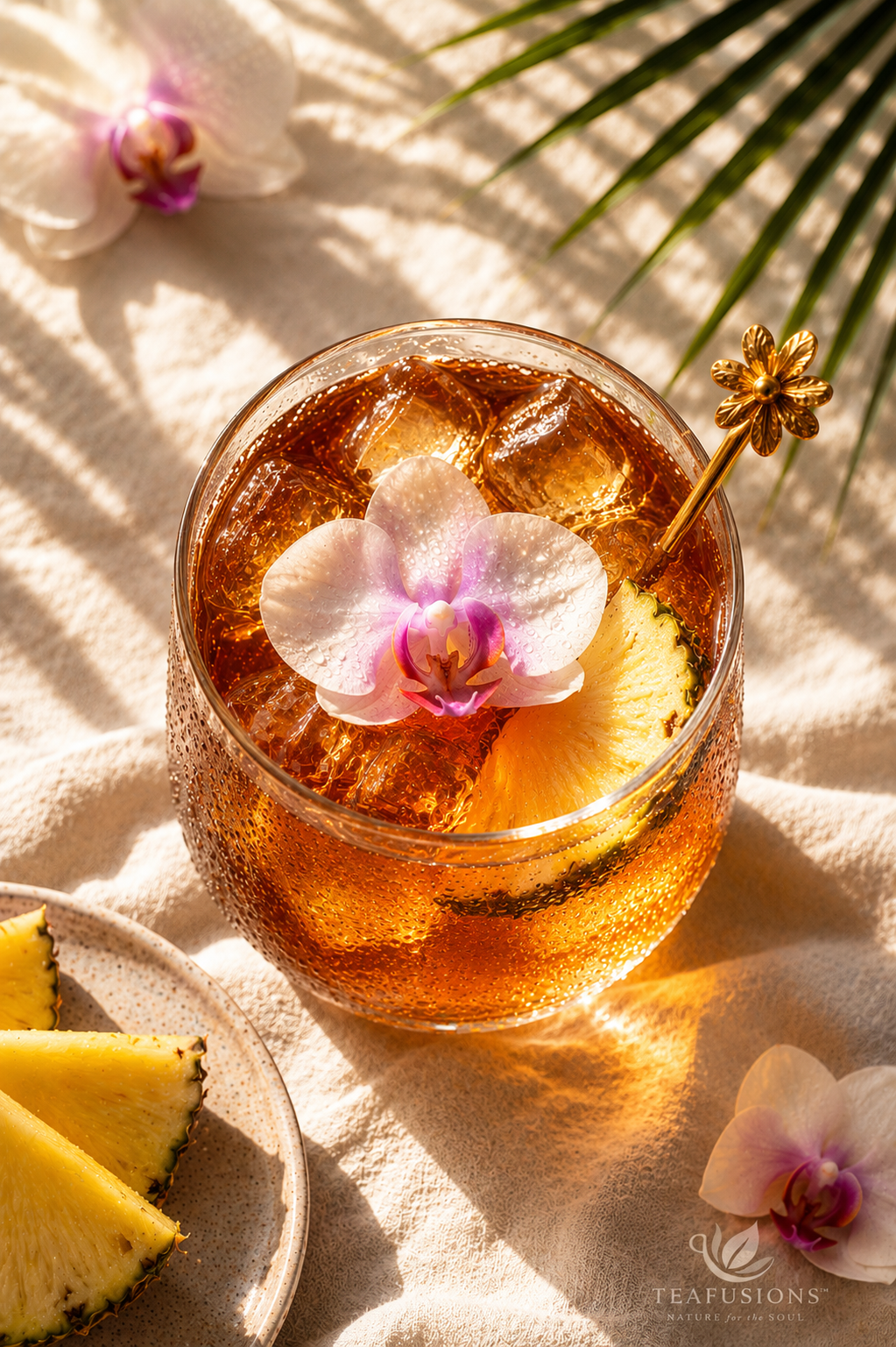 Dragon Breeze iced black tea by TeaFusions served over ice with tropical fruit and orchid styling in warm sunlight.